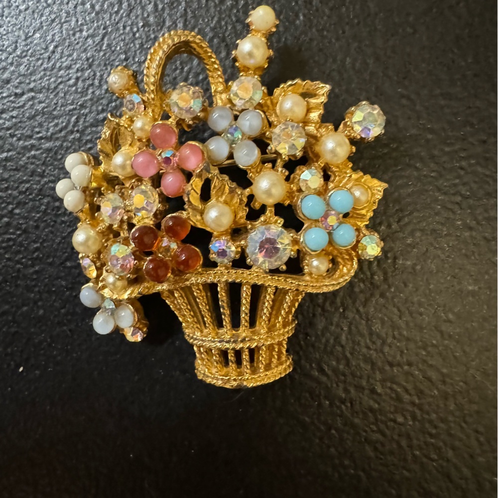 Art Signed Flower Basket Pin